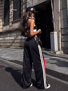 Knot & Curve Women's Long Pants Spring/Autumn Drawstring Elastic Waist Colorblock Striped Patchwork Wide Leg Draped Athletic Sweatpants Versatile Casual Pants - Black - View 6