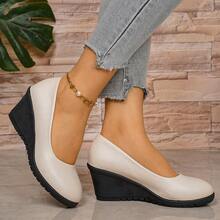 Sepatu hak wedges minimalis wanita, ujung bulat, sol tebal, menambah tinggi badan, gaya komuter musim semi/gugur, sepatu kasual serbaguna. - putih pucat - View 3
