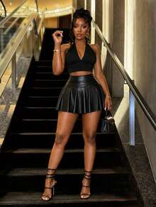Women's High Waist Pleated Mini Skirt, Flared Skirt, Sexy A-Line Skirt, Suitable For Nightclub Party And Nightlife Outings - Black - View 7