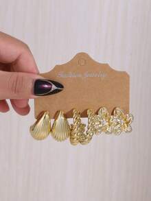 3-9 Pairs Water Drop Flower Multi-Layered Earrings Set, Versatile Daily Wear Floral Stud Earrings - Gold - View 4