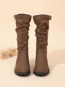 Girls' Brown Suede Mid-Calf Boots With Metal Buckle Slip-On Round Toe, Suitable For Autumn Outings And Shopping - Brown - View 4