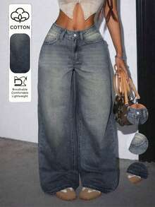 Women's Casual Loose Straight Leg Jeans With Pockets Fall - Deep Nostalgic Color - View 2