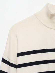 DEEKA Autumn/Winter New Women's European And American Style Fashion Minimalist Versatile Zipper Striped Knit Sweater Pullover - Beige - View 6