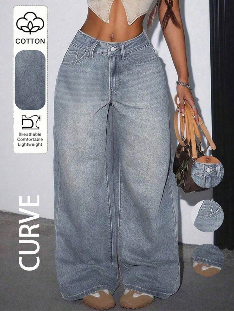 Plus Size Women Casual Loose Straight Leg Jeans With Pockets Vacation Spring - Light Wash - View 1