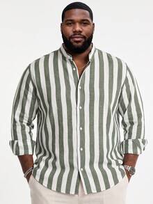 Fashion Striped Men's Shirt Summer Fashion Simple Long Sleeve Button Casual Stand Collar Simple Shirt Fashion Versatile Suitable For Dating Beach Vacation Plus Size Shirt - Green - View 1