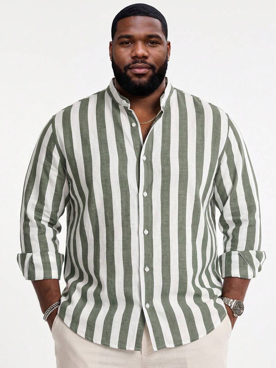 Fashion Striped Men's Shirt Summer Fashion Simple Long Sleeve Button Casual Stand Collar Simple Shirt Fashion Versatile Suitable For Dating Beach Vacation Plus Size Shirt - Green - View 1