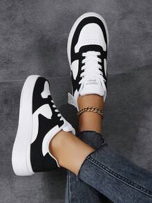Women's Colorblock Lace-Up Thick Sole Casual Sneakers, Minimalist Contrast Color Upper Design, Suitable For Daily Wear, Commuting, All Seasons - White/Black - View 4