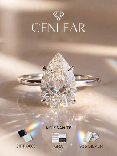 CENLEAR 2pcs 7x9mm Pear-Shaped Moissanite Engagement Ring S925 Sterling Silver 4-Prong Setting Passes Diamond Tester Wedding Party Jewelry