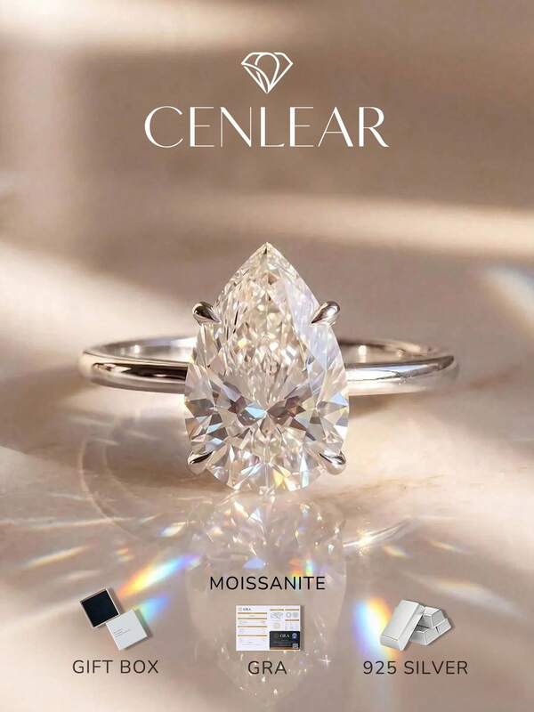 CENLEAR 2pcs 7x9mm Pear-Shaped Moissanite Engagement Ring S925 Sterling Silver 4-Prong Setting Passes Diamond Tester Wedding Party Jewelry