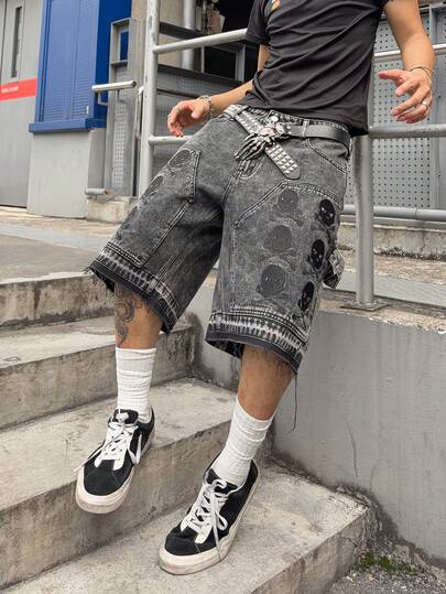 Hearty Haven 1pc American Street Style Men's Loose Embroidered 5-Inch Denim Shorts, Vintage Personality Casual Versatile Comfortable Mid-Length Pants - No Belt And Accessories