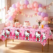 DOBBLE Pink Strawberry Print Cartoon Cat Style Rectangle Tablecloth, Disposable Waterproof Table Cover For Little Girls Birthday Party Dessert Table Favors - Multi-color - View 1