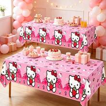 DOBBLE Pink Strawberry Print Cartoon Cat Style Rectangle Tablecloth, Disposable Waterproof Table Cover For Little Girls Birthday Party Dessert Table Favors - Multi-color - View 2