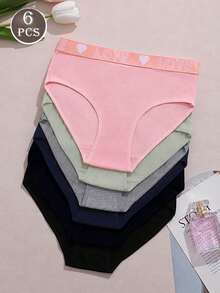6pcs Women's Panties Triangle Briefs Solid Color Basic Style Love Letter Print Waistband Multicolor - Multicolor - View 1