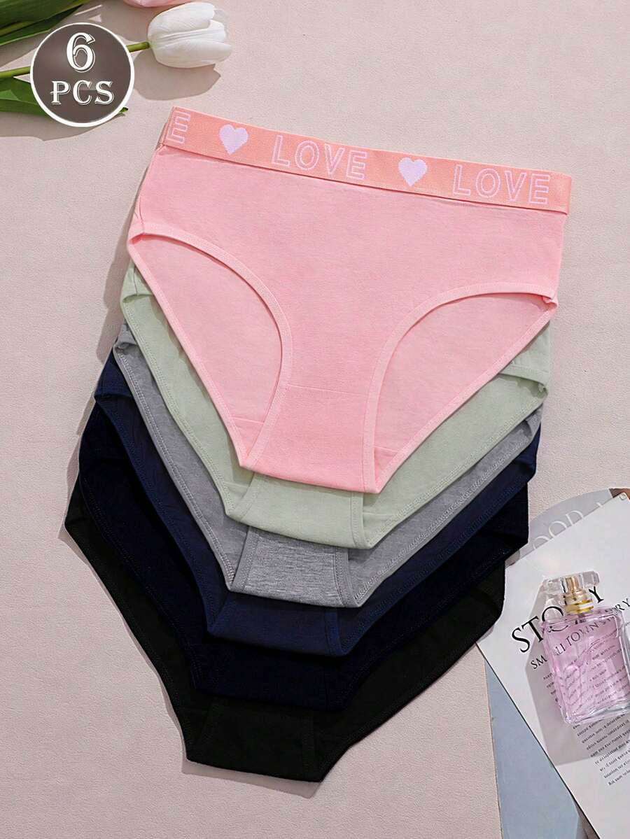 6pcs Women's Panties Triangle Briefs Solid Color Basic Style Love Letter Print Waistband Multicolor - Multicolor - View 1