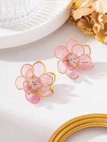 1 Pair Elegant Romantic Soft Style Translucent Pink Flower Stud Earrings For Women, Suitable For Summer Vacation And Daily Wear - Pink - View 3
