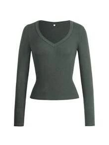 GLAMSKIN Women's Summer/Autumn Basic Striped Contrast Trim V-Neck Long Sleeve Top, Back To School/Outing/Streetwear Casual - Grey - View 3