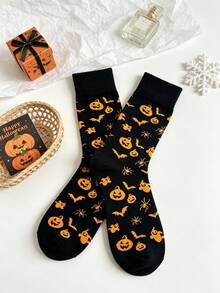 1 Pair Women's Multi-Color Small Bat & Pumpkin Element Soft Comfortable Cute Quirky Fashion Halloween Mid-Calf Socks - Multicolor - View 5