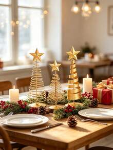 3pcs/Set 20cm Shiny Gold Christmas Tree Desktop Decor, Five-Pointed Star Christmas Tree Ornament, Suitable For Desk, Fireplace Mantel, Holiday Party, Winter New Year, Room, Living Room, Home DIY Decoration - Gold - View 7