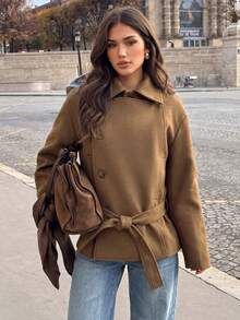 Stand Collar Double-Breasted Short Wool Coat, Loose Fit British Style Tie-Up Jacket, Autumn/Winter - Brown - View 3
