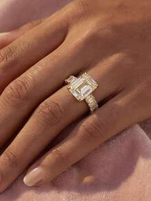 1pc 7ct Emerald Cut Moissanite Engagement Ring, Gold Plated Three-Stone Rectangular Side Stone Wedding Promise Ring, Suitable For Women Bride Jewelry - Style A-white - View 4