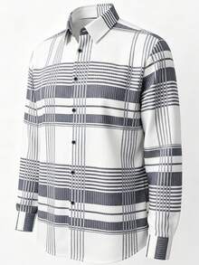 Men's Classic Fashion Elegant Plaid Long Sleeve Shirt, British Style Business Elite Plaid Series, Single-Breasted Turn-Down Collar, Suitable For All Seasons, Random Print - White - View 3