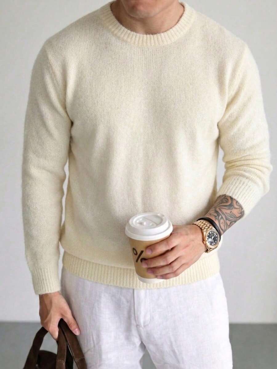 Men's Unisex Crew Neck Pullover Sweater, Casual Daily Commute, Versatile Streetwear, Sporty, Solid Color, Minimalist, Loose Fit, Long Sleeve, Autumn Winter - Apricot - View 1