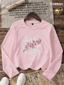 Autumn Girls Long Sleeve Tee With Pink Cherry Blossom Print And Japanese Text, Round Neck Raglan Sleeve, Light Purple - Baby Pink - View 2