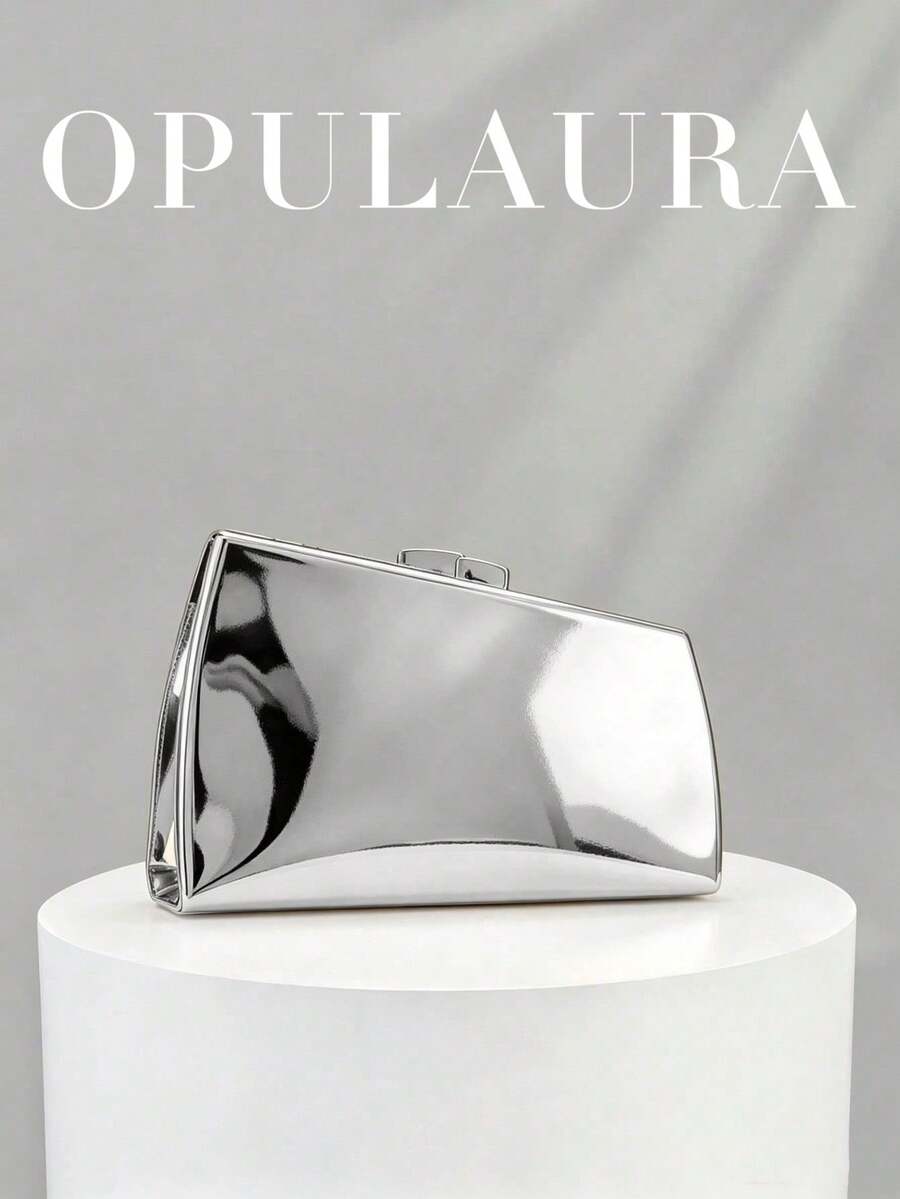 OpulAura 1件裝金色歐美風女款壓克力晚宴手拿包,不對稱方盒設計搭配撞色扣環,適合派對、宴會/婚禮、情人節場合 - 銀色 - 查看 1