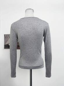 Autumn New V-Neck Cinched Waist Pocket Long Sleeve T-Shirt, Slim Fit Flattering Sexy Top - Grey - View 7
