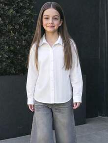 Girls' Cotton Button-Up Shirt, Long Sleeve V-Neck Casual Top With Turn-Down Collar - White - View 5