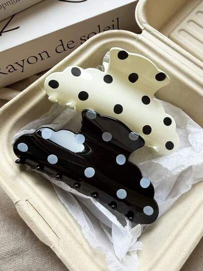 2pcs/1pc Women's 9cm/3.54in Black & White Polka Dot Lightweight Plastic Hair Claw Clip, Fashionable Versatile Elegant Minimalist Solid Color Hair Accessory For Daily Wear, Casual, Party, Commute, Beach, Vacation, Ponytail, Updo, Face Washing, Bathing, Makeup, Outfit Matching, Hair Clip