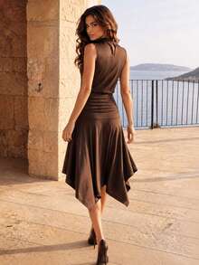 Women Brown Mock Neck Sleeveless Two Pieces Set, Ruched Waistband Asymmetrical High Low Hem Flowy Skirt Outfit- - Brown - View 4