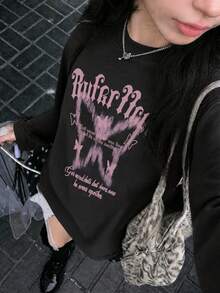 New Women Crew Neck Butterfly & Letter Print T-Shirt, Casual Comfy Cute Loose Fit Raglan Long Sleeve Top, Autumn/Winter Black Spring - Black - View 2