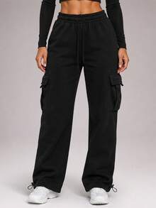 CZRLHYT Women's Knitted Outdoor Casual Sporty Style Solid‑Color Drawstring Wide‑Leg Sweatpants For Skiing, Jogging And More - Black - View 5