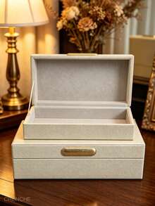 Set Of 2 S & L Size Cream Pebbled PU Leather Jewelry Boxes With Lid, Gold Zinc Alloy Bar Handle, Velvet Lined Rect Accessory Storage Organizer, Modern Luxury Vanity Bedroom Decor Holiday Gift - OFF-white - View 3