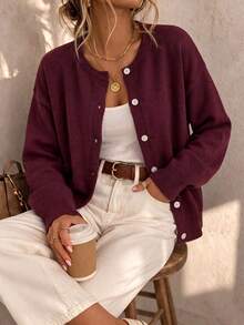 Just Masa Women's Fall Casual Button Front Sweater Cardigan, Solid Color Long Sleeve Round Neck Loose Sweater, For Daily Wear, Going Out, Office Travel, Date - Burgundy - View 10