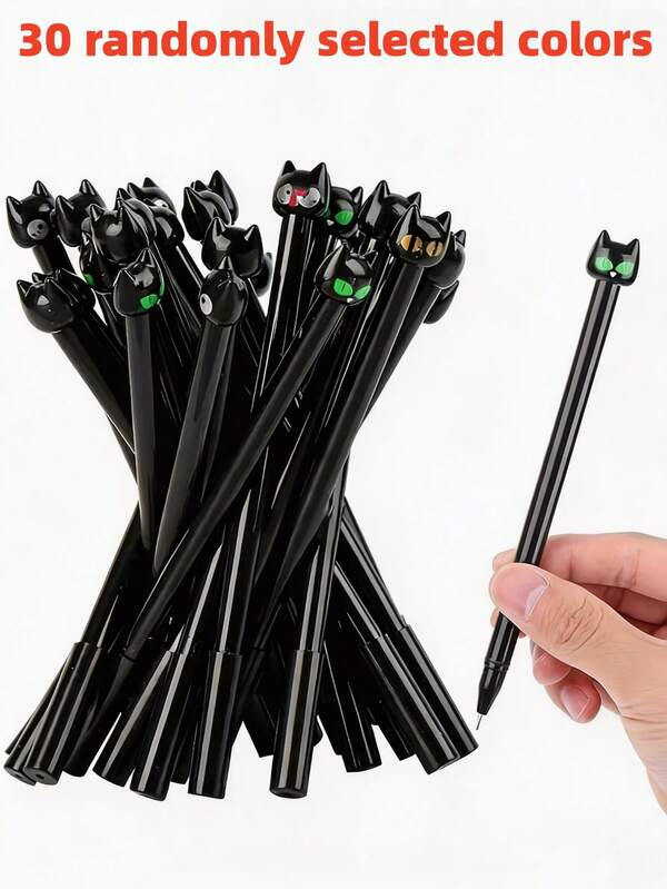 30pcs Random Color Cute Cartoon Halloween Black Cat Gel Pens, 0.5mm Black Ink, Suitable For Parents To Give To Children As Christmas/Halloween Gifts, Student Writing/Office Supplies