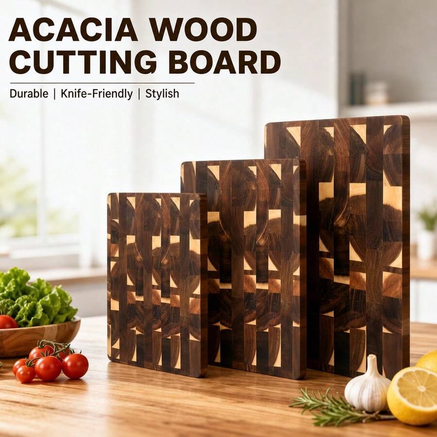 End Grain Acacia Wood Cutting Board With Built-In Hidden Handle, Solid Wood Chopping Block For Kitchen, Heavy Duty Flat Surface Board For Meat, Vegetables, Bread & Cheese, Everyday Prep Board - View 1