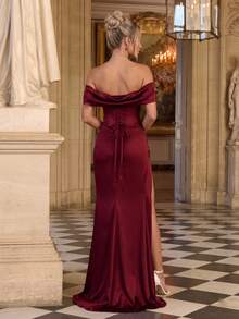 Elegant Women's Off-Shoulder Pleated Fashion Slit Dress - Burgundy - View 6