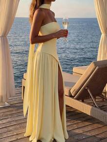 Women's Elegant Sleeveless Strapless Long Cocktail Dress, Slit Design, Medium Stretch Knit Fabric Yellow Wedding Party Fall - Yellow - View 3