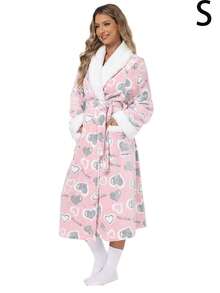 Neue lange warme Damen-Bademantel, weicher warmer bedruckter Samt-Bademantel, Herbst/Winter verdickter Stil, Damen lässiger Strick-Bademantel in Knie-Länge mit Bindegürtel und Taschen, Haus-Bademantel, Halloween-Kostüm, Weihnachtsgeschenk - A - Übersicht 12