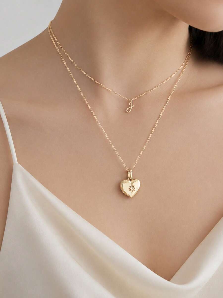 Liontin Hati Zirkonia Desain Terbuka Berlapis Emas 18K dan Perak Sterling 925 yang Cantik dan Memukau untuk Kalung Anak Perempuan, Cocok untuk Pemakaian Sehari-hari - Liontin Hati - View 1