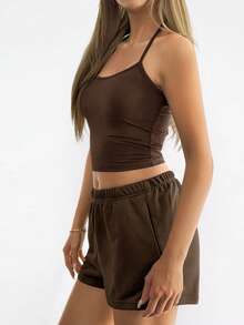 GLAMSKIN Women's Summer/Autumn Basic 2 Pieces Set, Spaghetti Strap Tank Top And Drawstring Shorts Brown Elegant - Brown - View 2