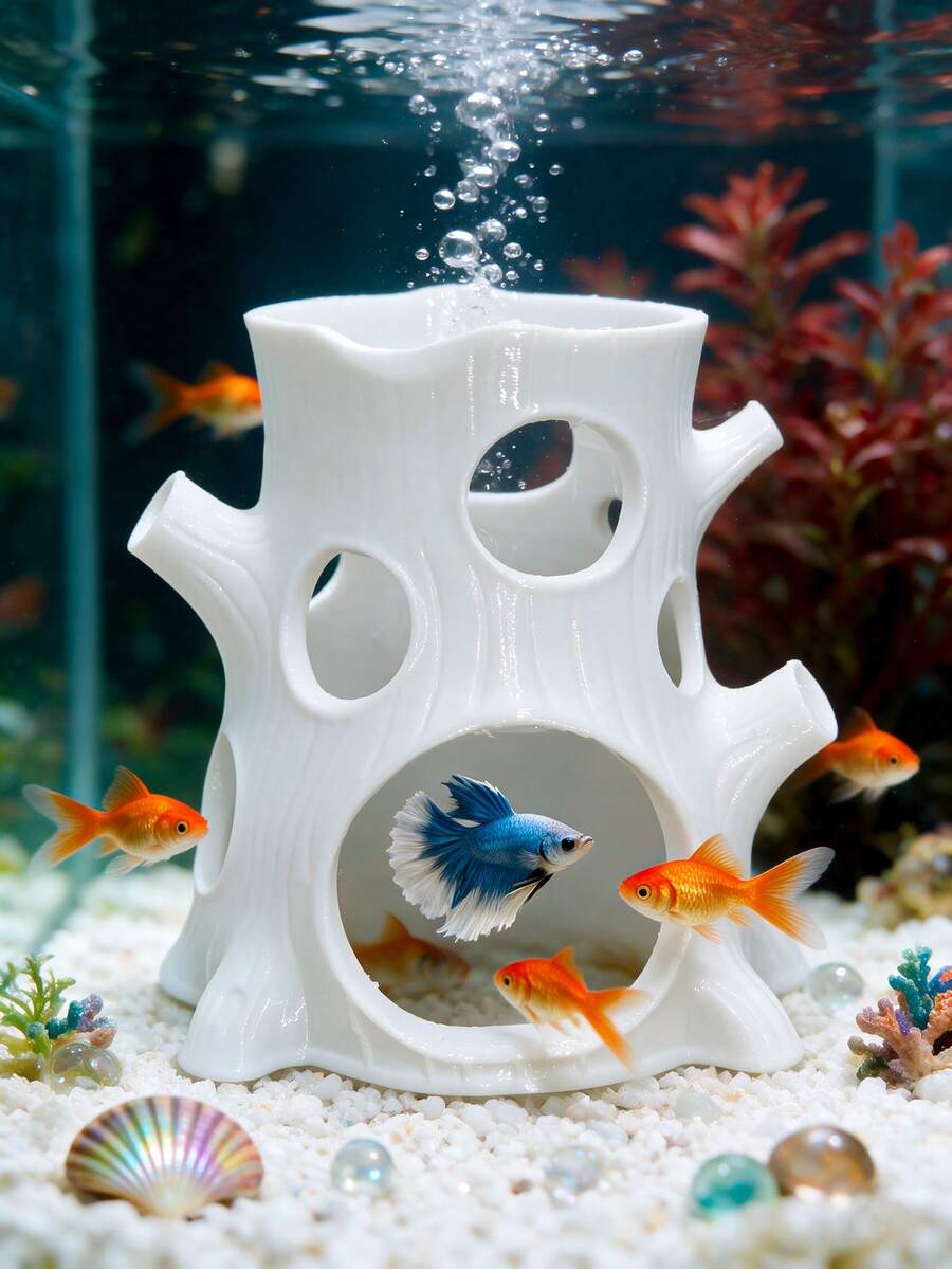 3D Printed White Tree Stump Hideout, Aquarium Fish And Shrimp Hiding Cave Shelter, Aquarium Decoration, Suitable For Betta Fish, Guppy, Tropical Fish And Shrimp, Provides Hiding And Breeding Space, Fish Tank Decor, Aquarium Landscape Ornament