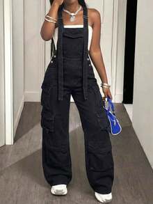 Women's Sleeveless Black Washed Denim Jumpsuit, Long Casual Elegant, Suitable For All Seasons, Non-Stretch - Black - View 1