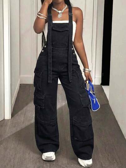 Women's Sleeveless Black Washed Denim Jumpsuit, Long Casual Elegant, Suitable For All Seasons, Non-Stretch