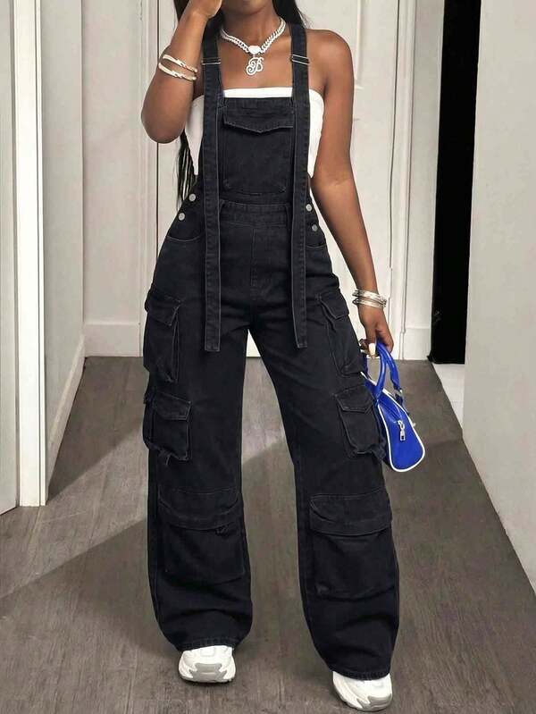 Women's Sleeveless Black Washed Denim Jumpsuit, Long Casual Elegant, Suitable For All Seasons, Non-Stretch