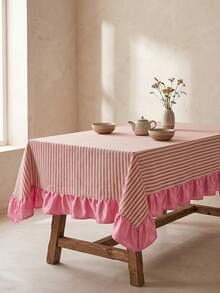 1pc White Base Red Striped Pink Ruffle Edge Tablecloth, Fresh Natural Style Fabric Rectangular Pink Ruffle Edge Patchwork Detail Decorative Functional Dining Tablecloth Suitable For Daily Home Dining And Fresh Home Decor Scenes - Red - View 1