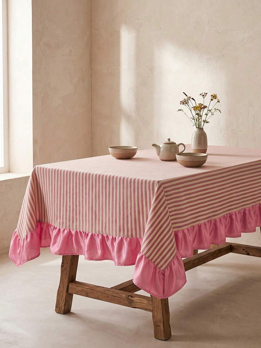 1pc White Base Red Striped Pink Ruffle Edge Tablecloth, Fresh Natural Style Fabric Rectangular Pink Ruffle Edge Patchwork Detail Decorative Functional Dining Tablecloth Suitable For Daily Home Dining And Fresh Home Decor Scenes - Red - View 1