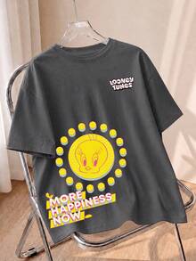 Summer Women's Short Sleeve Classic Cartoon Yellow Duck Happiness Slogan Fun Graphic T-Shirt - Dark Grey - View 1